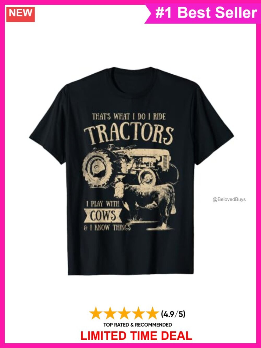 Funny Farmer Tractor Cow T-Shirt - Short Sleeve Crew Neck Tee